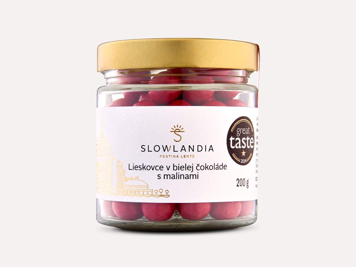 Lieskovce v bielej čokoláde s malinami 200g