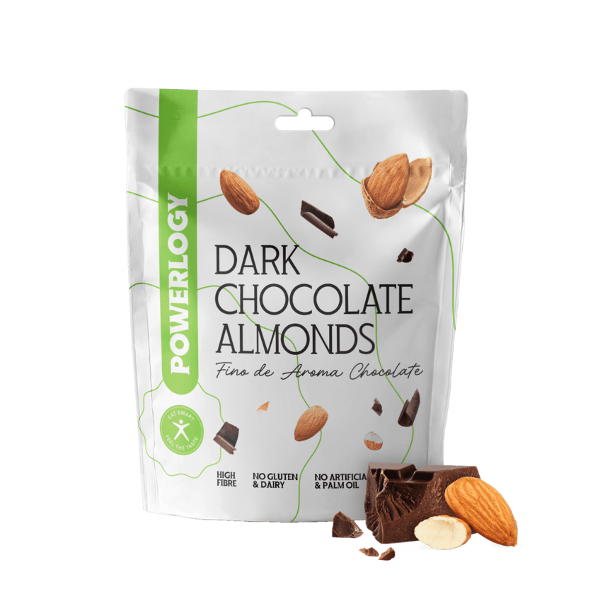 Powerlogy Dark Chocolate Almonds 100 g Chrumkavé pražené mandle v bean-to-bar 70 % čokoláde s MCT olejom a morskou soľou
