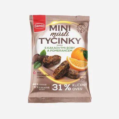 Mini müsli tyčinky s kakaovými bôbmi a pomarančom bez lepku 70 g