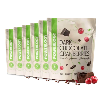 Powerlogy Dark Chocolate Cranberries 6 x 100 g Výberové sušené brusnice sladené jablčnou šťavou v bean-to-bar 70 % čokoláde s MCT olejom