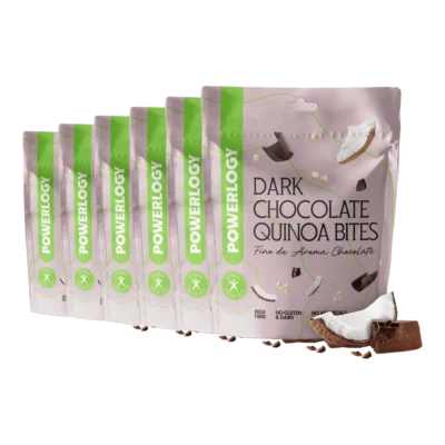 Powerlogy Dark Chocolate Quinoa Bites 6 x 100 g Chrumkavá quinoa a kokosové lupienky v 70 % čokoláde bean-to-bar s MCT olejom