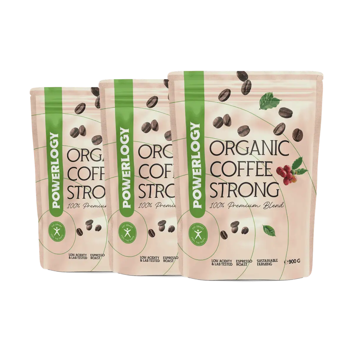 Powerlogy Organic Coffee Strong 3 x 900 g Veľké balenie extra silnej BIO zrnkovej kávy s vyšším obsahom kofeínu