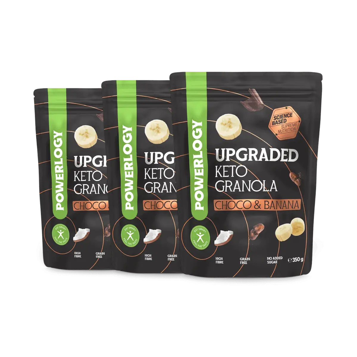 Powerlogy Upgraded Keto Granola Choco & Banana 3 x 350 g Bezlepková keto granola s čakankovou vlákninou