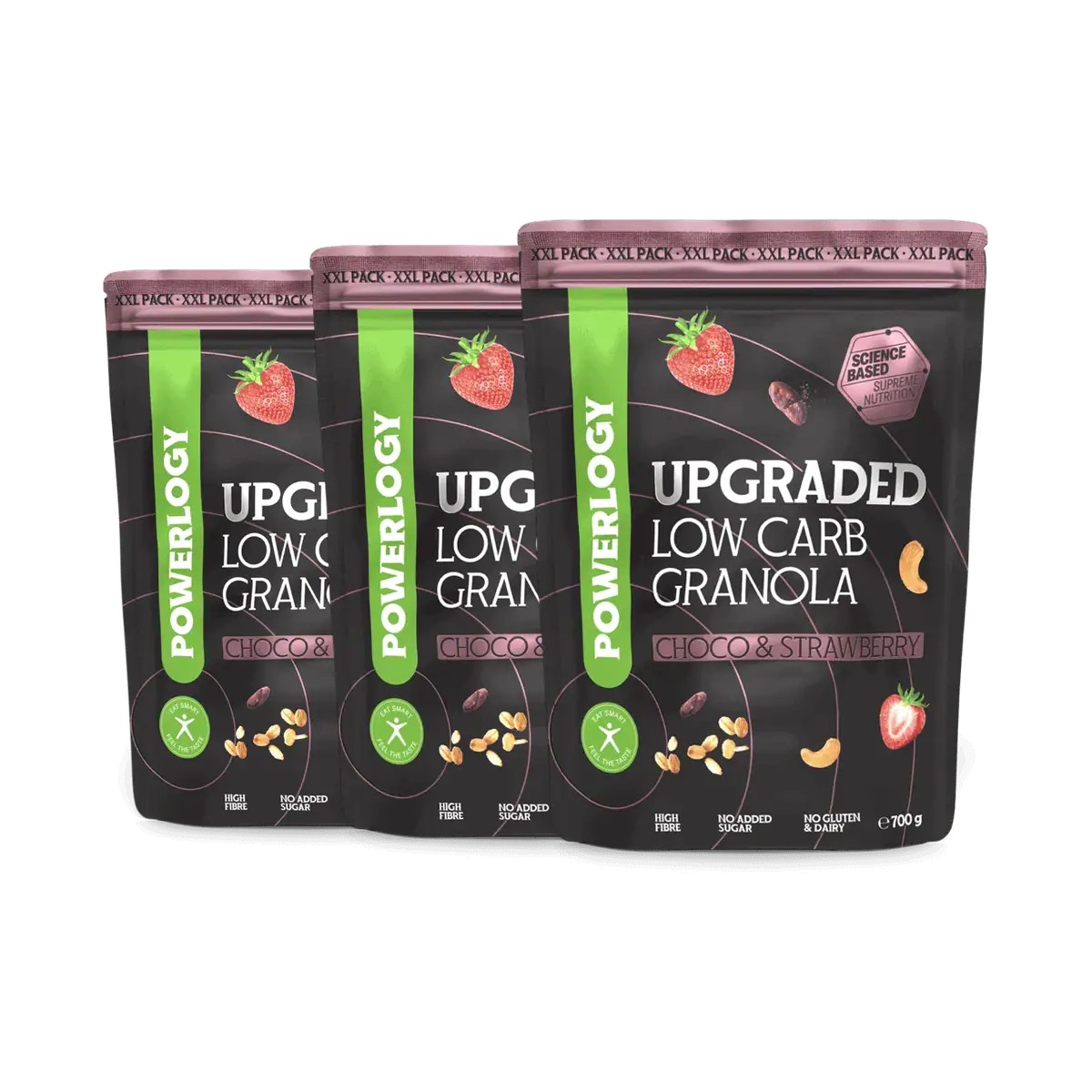 Powerlogy Upgraded Low Carb Granola Choco & Strawberry 3 x 700 g XXL Bezlepková nízkosacharidová granola s čakankovou vlákninou