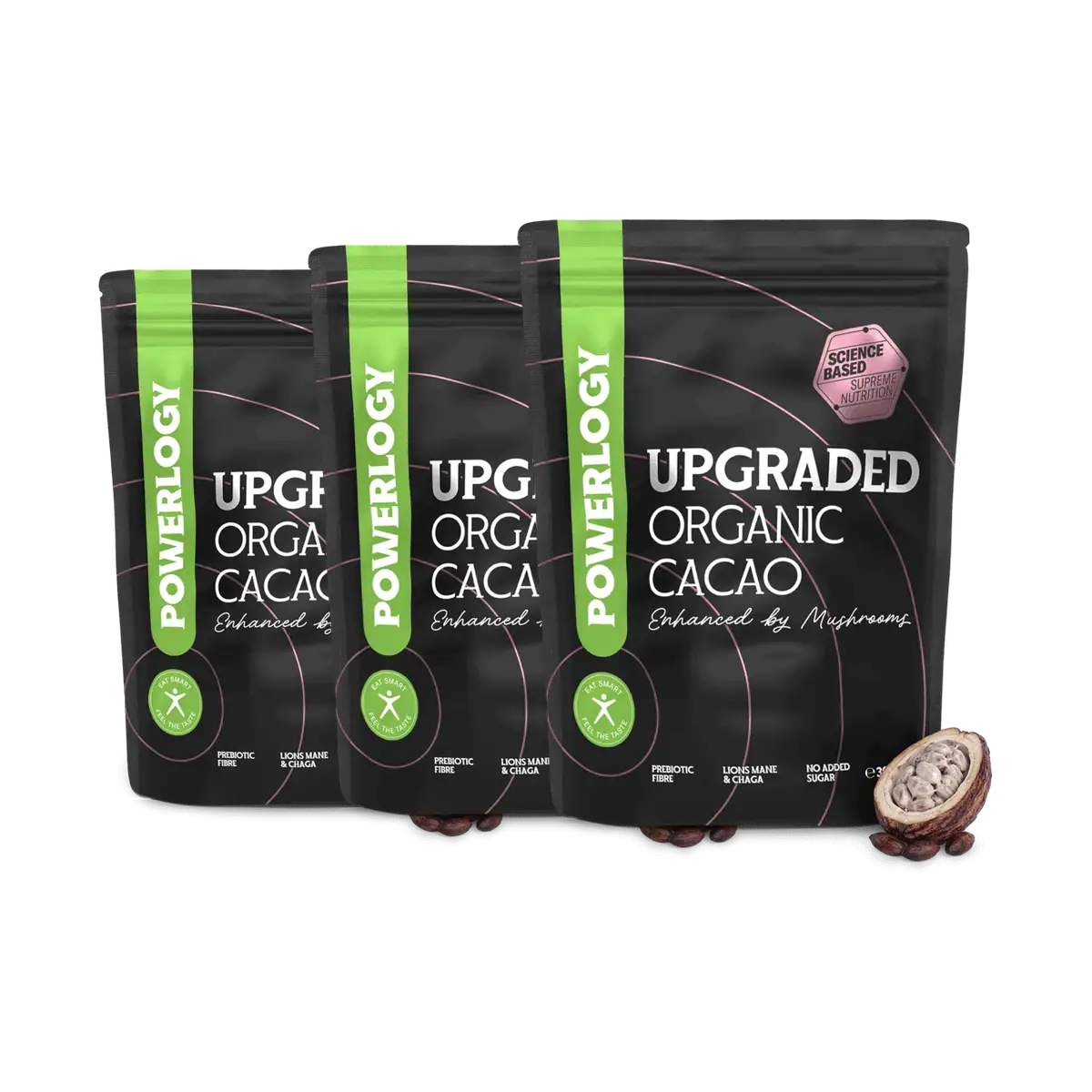 Powerlogy Upgraded Organic Cacao 3 x 300 g Nepražené BIO kakao s hubami Chaga a Lion's Mane z Fínska