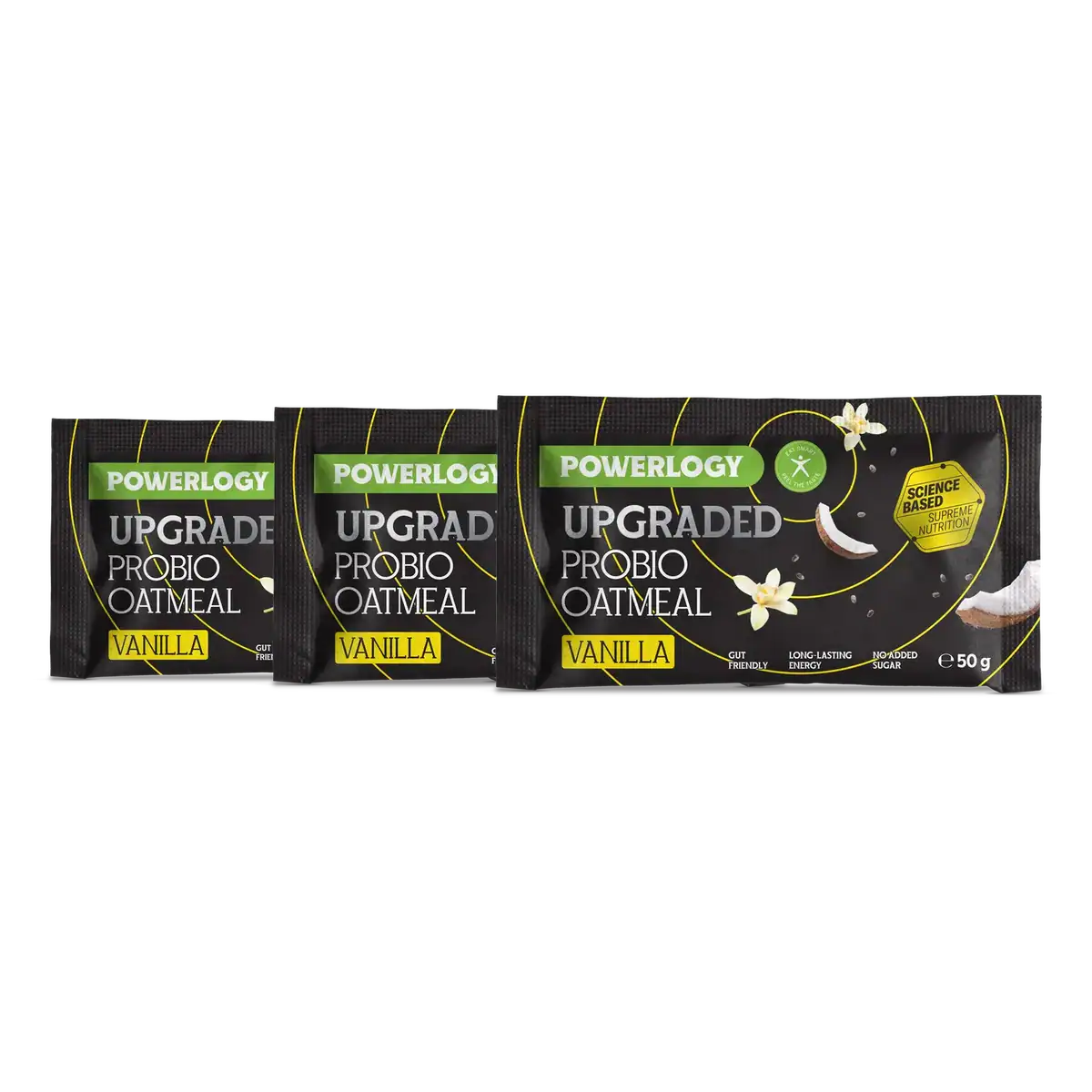 Powerlogy Upgraded Probio Oatmeal Vanilla 3 x 50 g Bezlepková funkčná raňajková kaša s kokosom