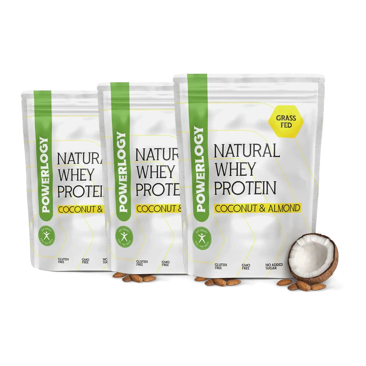 Powerlogy Whey Protein Coconut & Almond 3 x 1 kg 100 % čistý grass-fed srvátkovo-ryžový proteín s príchuťou kokos-mandľa bez umelých sladidiel